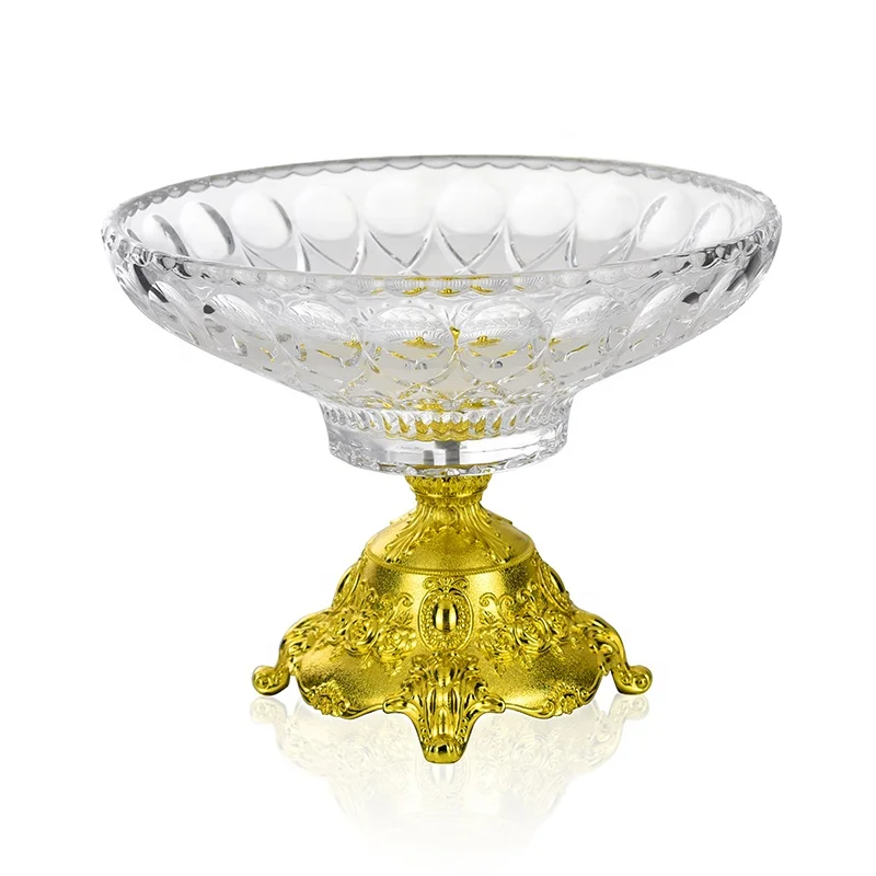 

Crystal clear glass charger plate etagere fruit plate with gold metal base stand