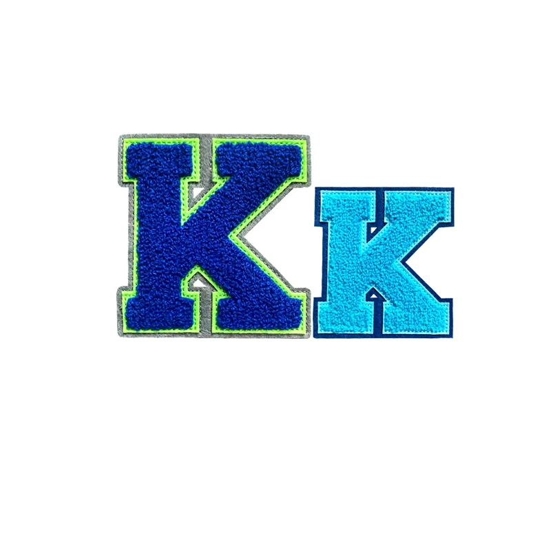 

Letters computer embroidery machine blue K felt fabric wholesale iron on baseball uniform chenille patches, Custom color