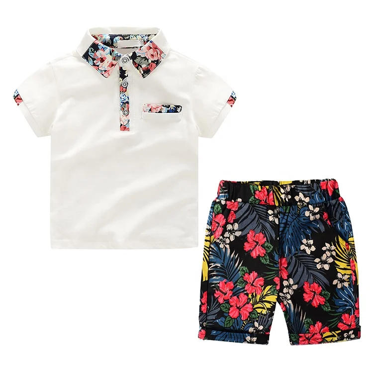

Short-Sleeved Polo Shirt and Floral Shorts Boys Clothing Sets Baby Clothes, Pink, white