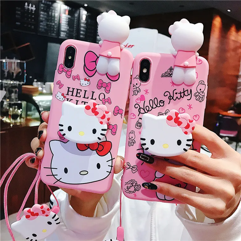 

For iPhone 11 Pro Max 12 Pro Xs X 7 8 Mobile Phone case Cartoon 3D Funny Sesame Street Hello Kitty Doll Strap Holder Stand Case