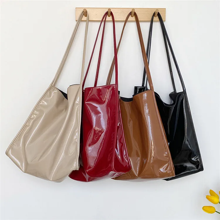 

Fashion Enamel Leather Soft Large Tote Designer Women Purse Shopping Handbags, Black, red, apricot, brown
