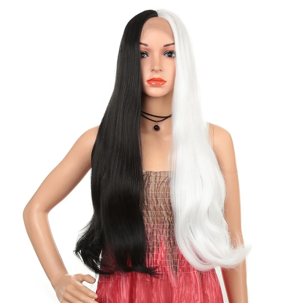 

Black White Split Wig Long Straight Women's Wig, Picture
