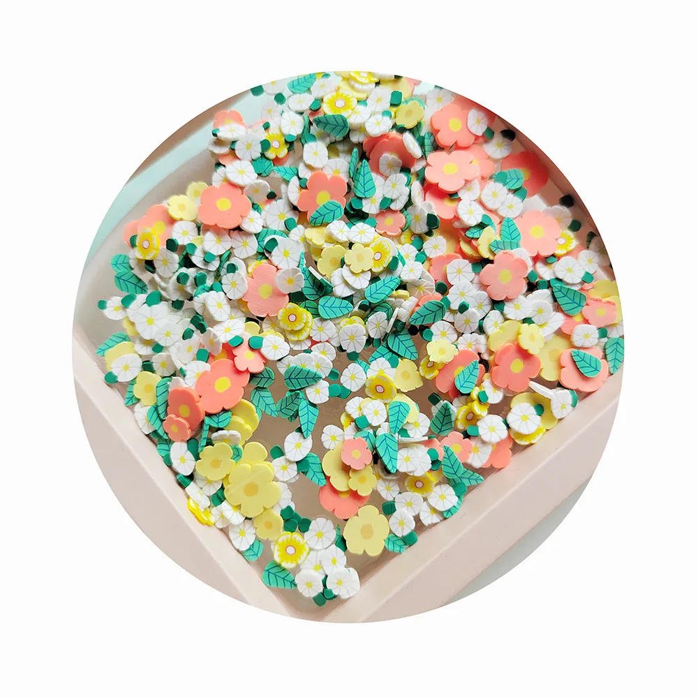 

Spring Season White Yellow Orange Daisy Clay Slices Flowers Mixture Sprinkles With Green Leaves for DIY Crafts Tumbler Filling