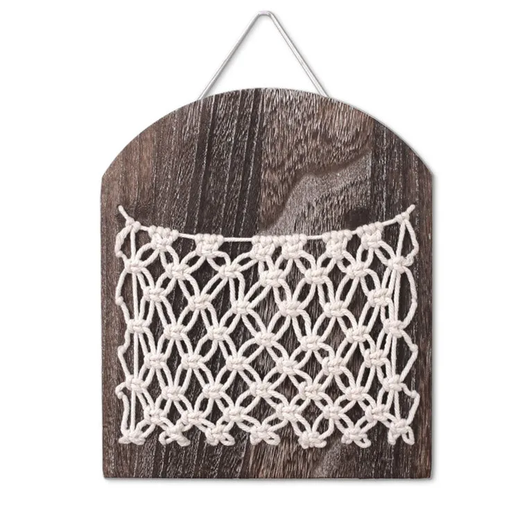 

Bohemian decorative wooden wall-mounted magazine storage basket, woven hanging pocket, White