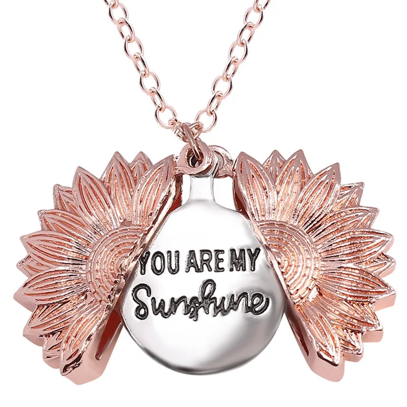 

Trendy Sunflower Double-layer Engraved Sunshine Pendant Necklaces Round Open Long Chain Charm Necklace Women Jewelry, Rose gold