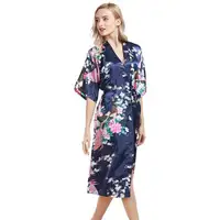 

Women's Kimono Long Robe - Peacock & Blossoms