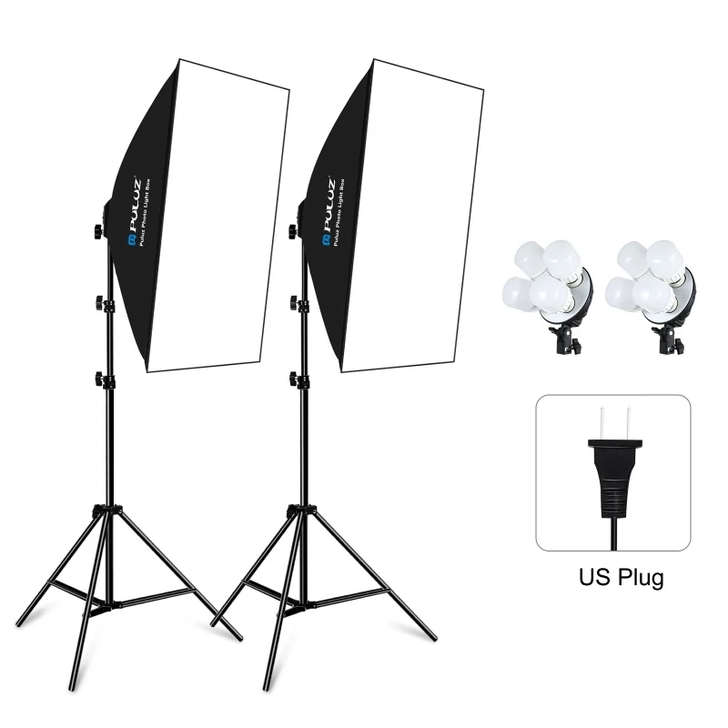 hot selling puluz 2 pcs 50x70cm softbox lighting kit with 8 x e27 20w e27 socket bulb photo studio light kit