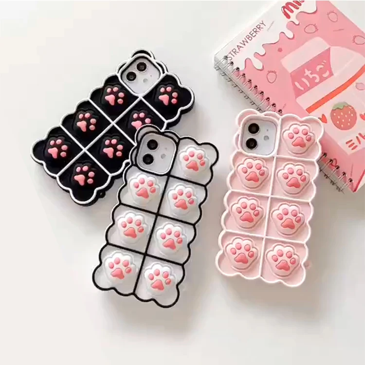 

New Cute Stress Relief Silicone Phone Back Cover Case Cat Paw Pop Bubble Fidget Toys Phone Case For iPhone 13 Pro Max 12 11 XS 8