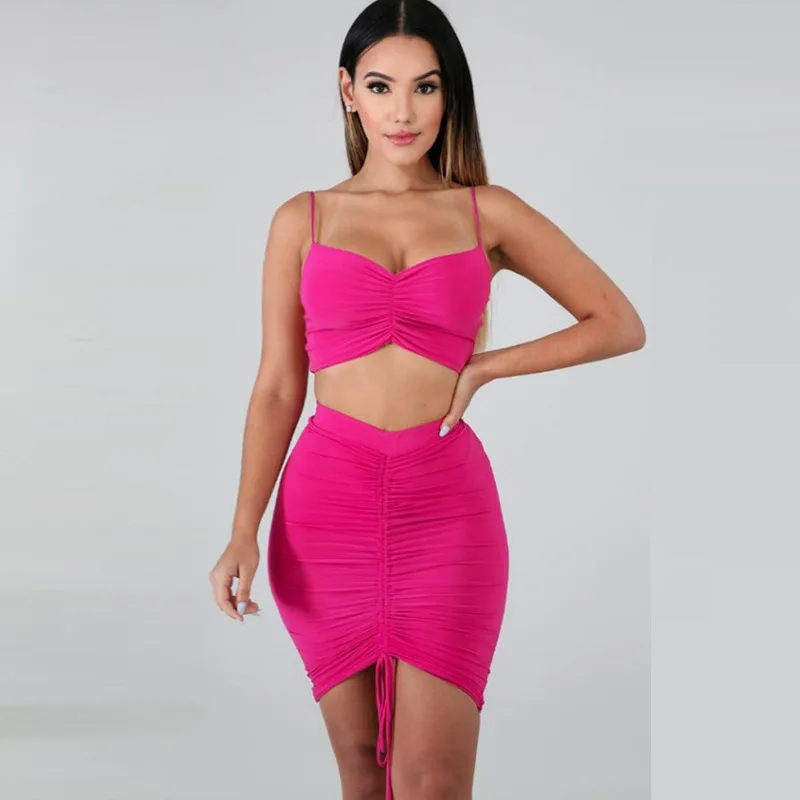 

2020 New arrivals women spaghetti straps top and short skirt summer casual two piece skirt set