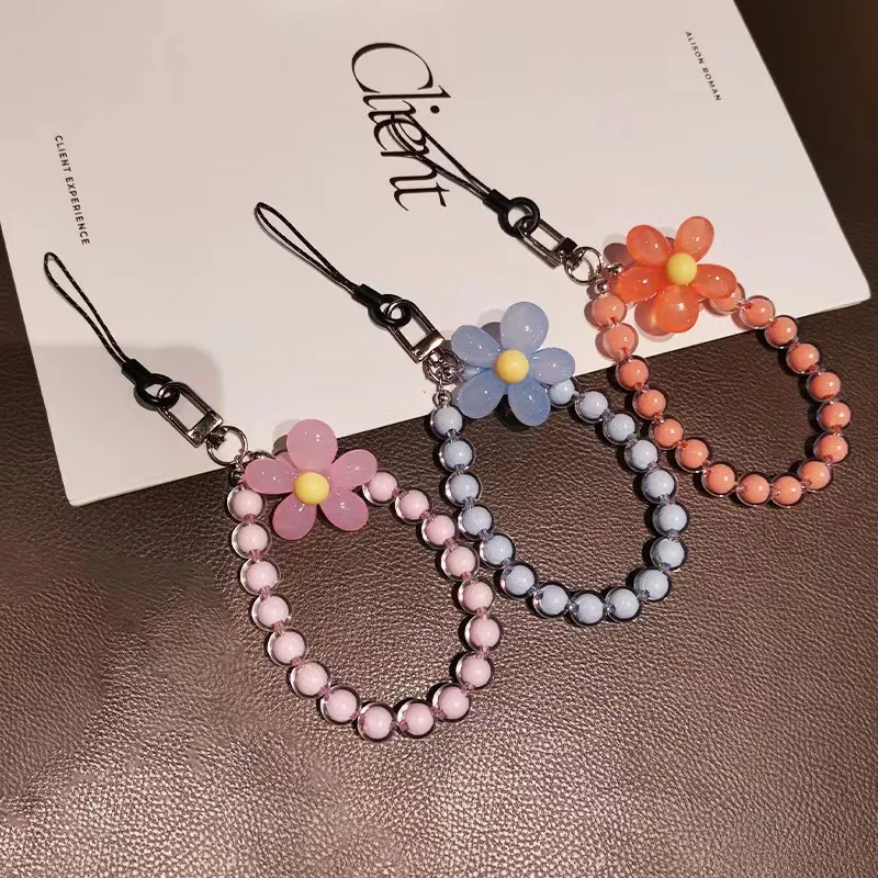 

Colorful Macaron Round Bead Pendant Mobile Phone Lanyard Wrist Bracelet Flower Keychain Car Charm Keyring