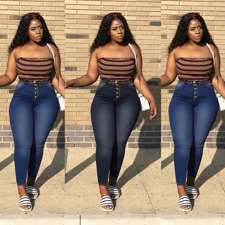

New coming bottom jeans high waist button closure women jeans flare pants, Blue