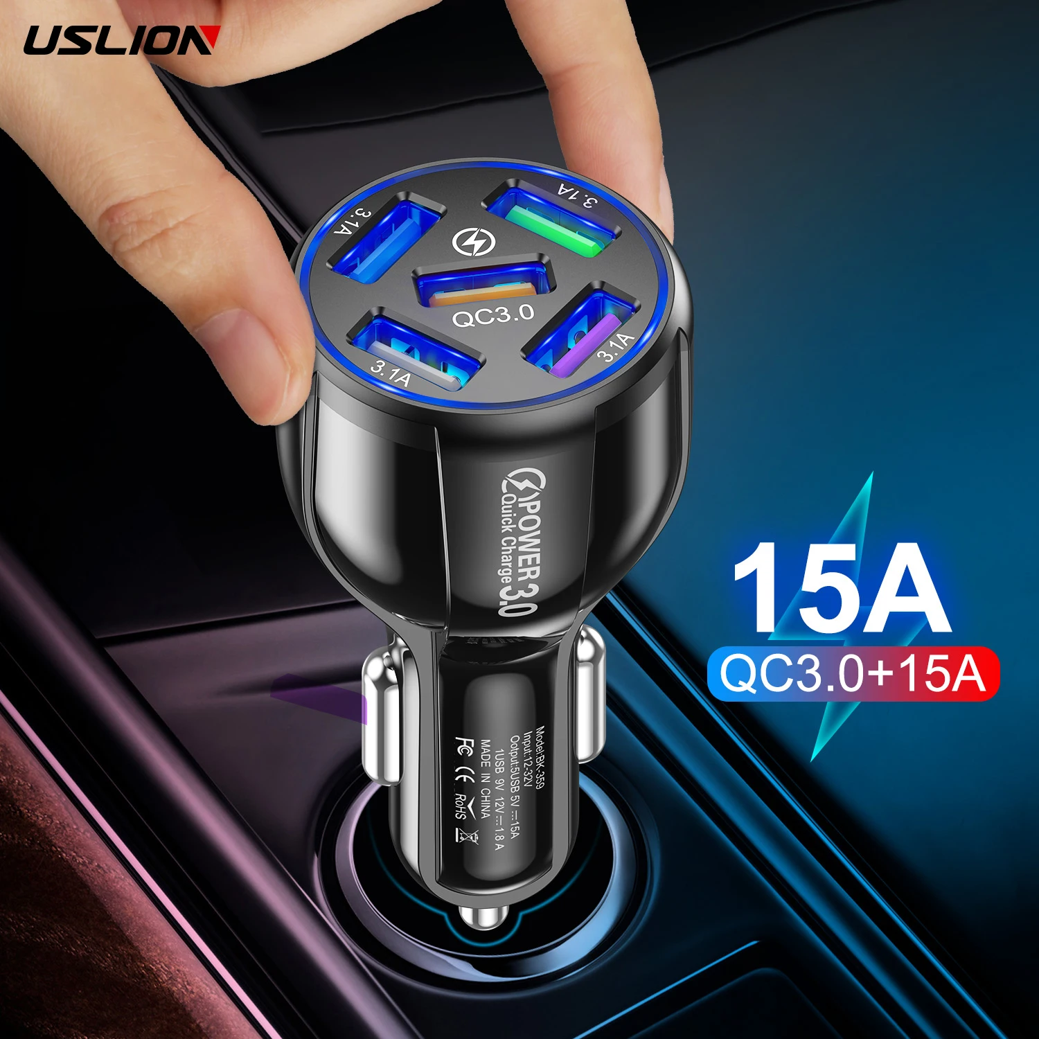 

USLION QC3.0 15A Car Charger 5 USB Ports Car Phone Charger Mobile Phone Electric Car Adapter With Blue Lighting, Black,white
