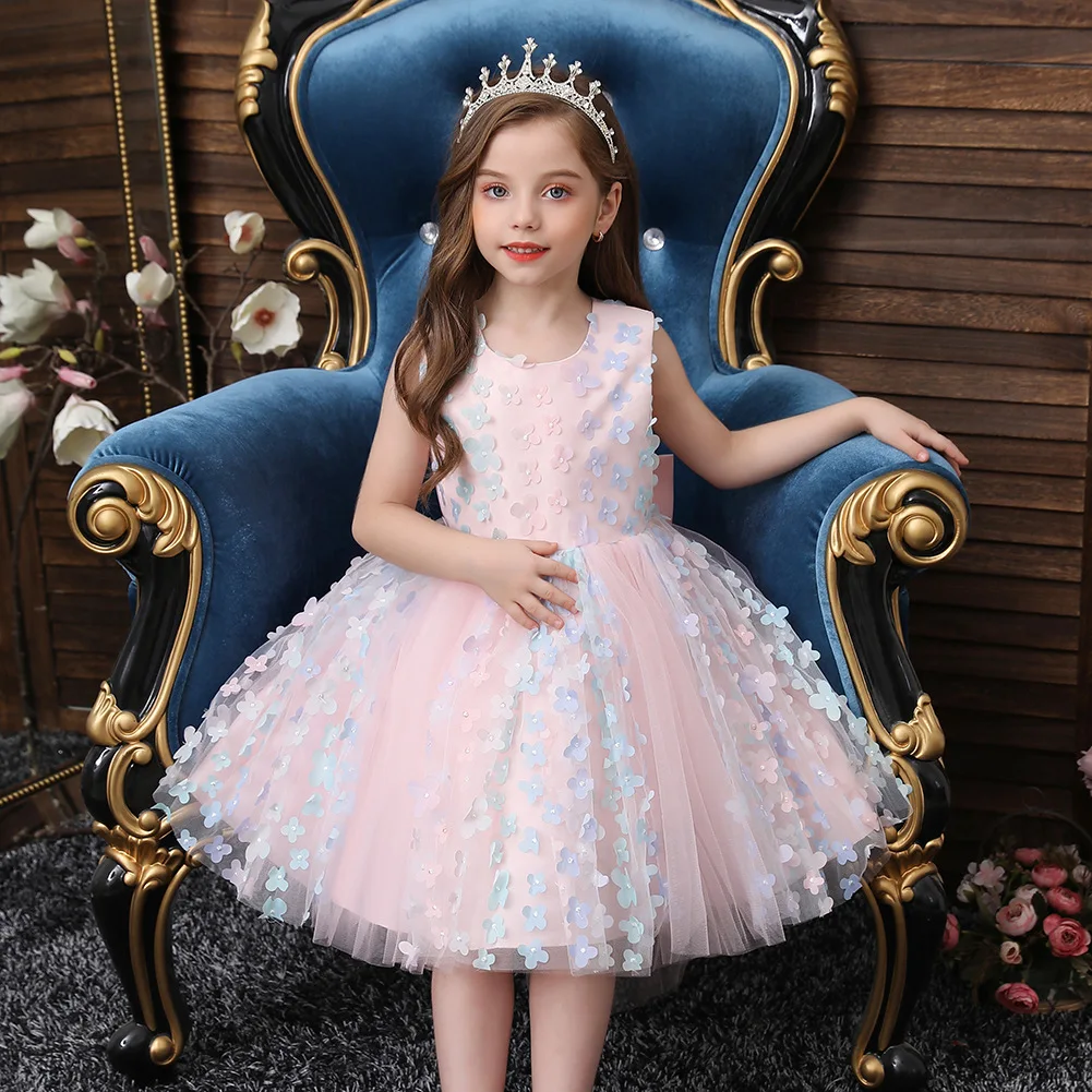 

Children's lace dress wedding tutu skirt three-dimensional flowers children's catwalk evening dress in stock