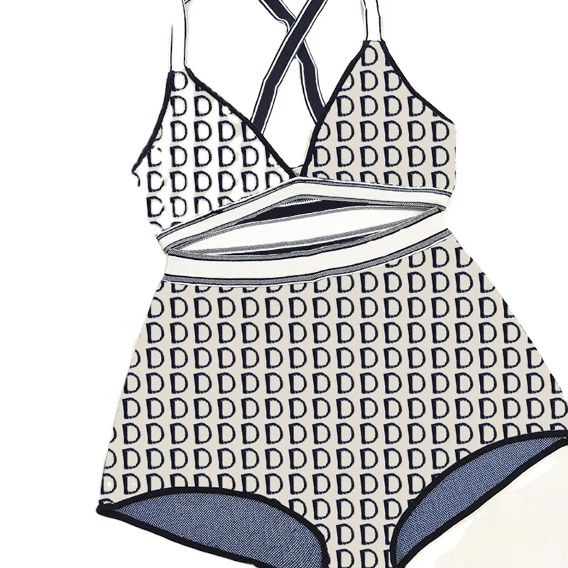 

Letter Jacquard Monokini Swimsuit INS High Waist Women Beach Knitted Brazilian Swimwear