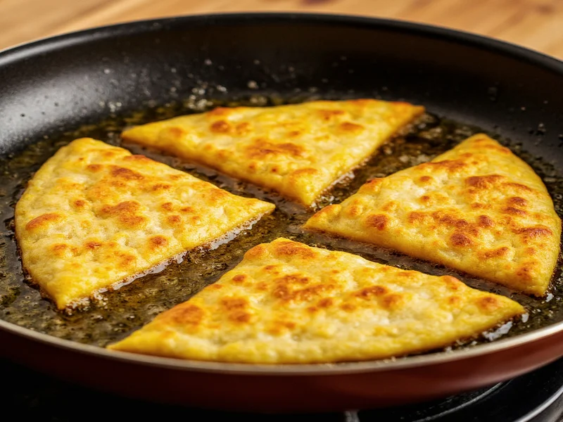 Corn tortilla triangles frying in golden oil