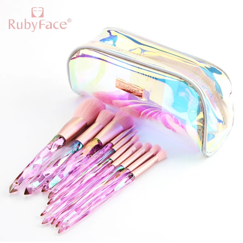 

10 pcs Rubyface makeup brushes set synthetic hair pink rainbow crystal diamond handler factory supply