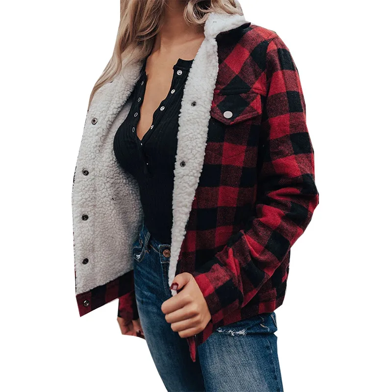 

Womens Casual Loose Coat Button Warm Sherpa Fleece Lined Plaid Shirt Jacket Thick Check Shacket Outwear