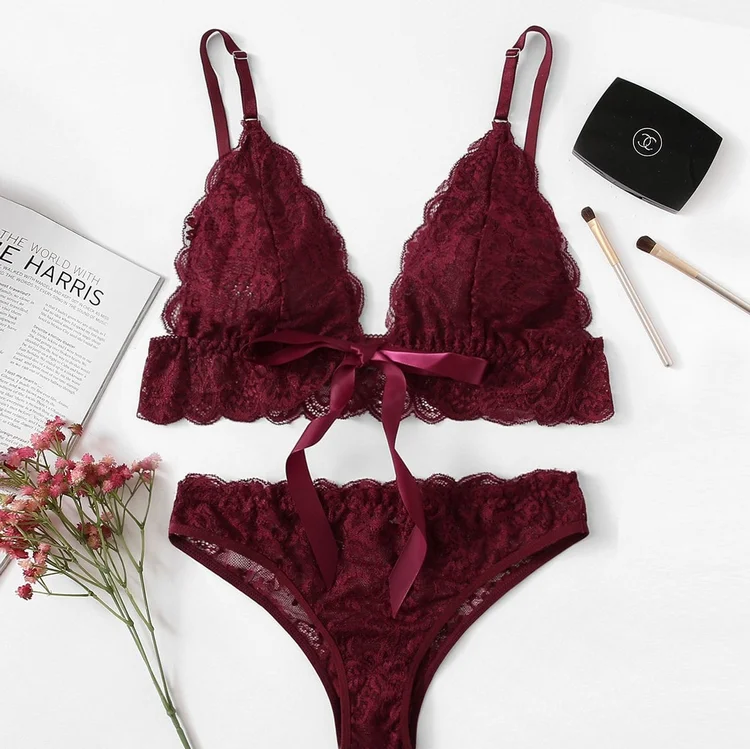 

Amazon Hot Models Bra Brief Sets 2021 Lace Flower Embroidery Sexy Bikini Panties Women's, Wine red/pink