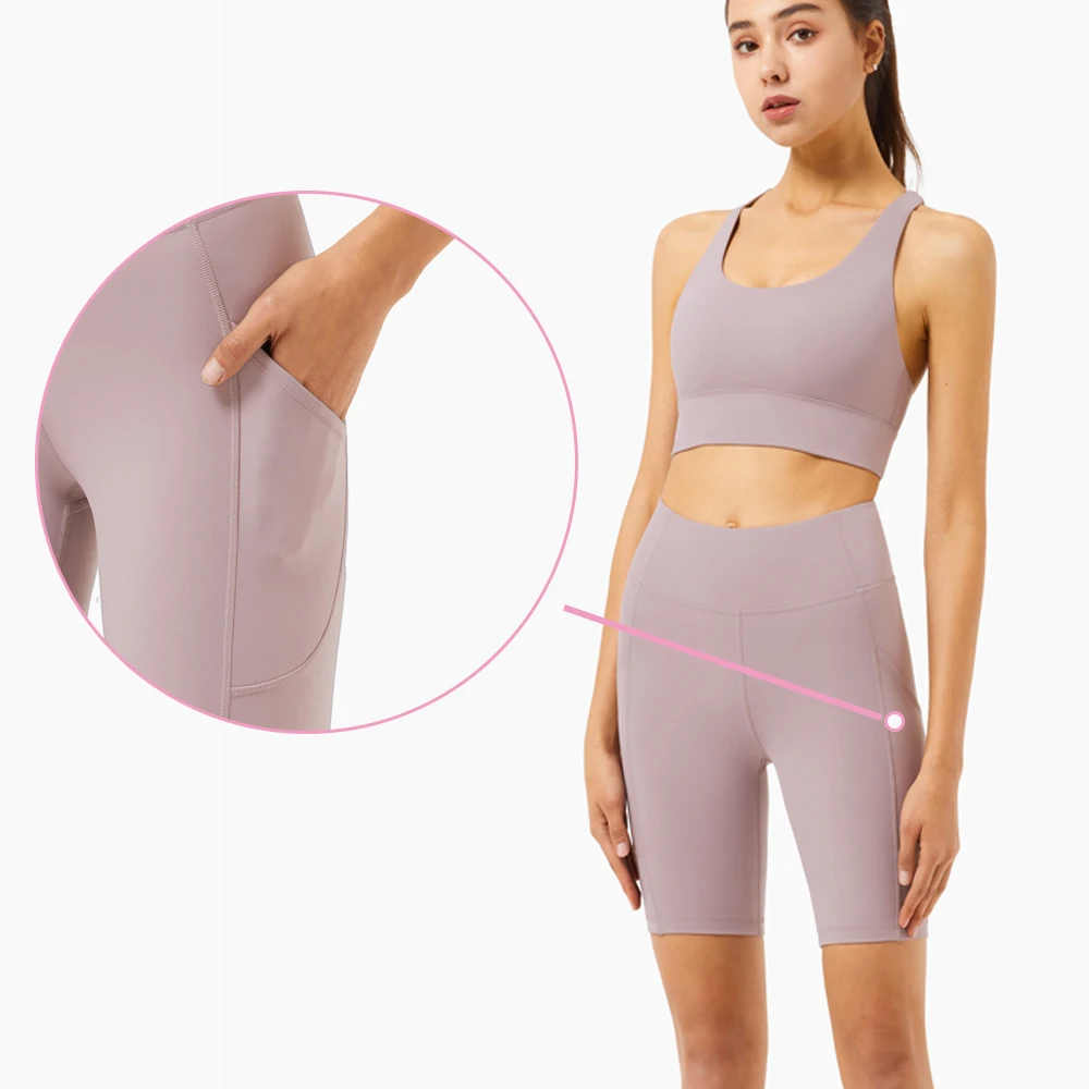

New Summer Side Pocket Short Set Workout Running Sport Wear Woman Sexy Cross Back Fitness Sport Set, Picture shown