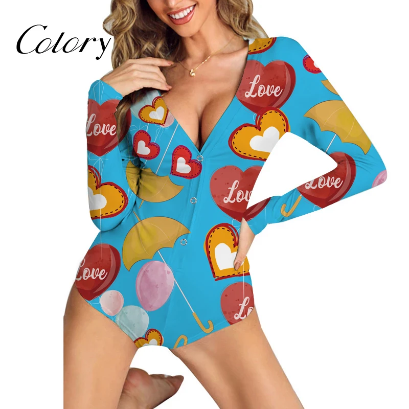 

Colory Designed Custom Valentines Day Onesie Prjnt Women Pajama Bodysuit, Picture shows