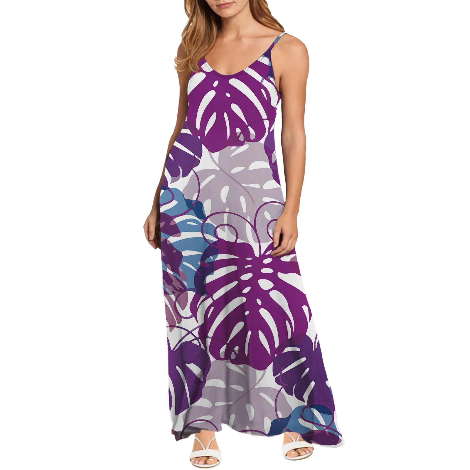 

2021 Womens Maxi Dress Hawaiian Tropical Monstera Leaf Casual Spaghetti Strap V Neck Sleeveless Summer Beach Loose Long Dress, Customized color