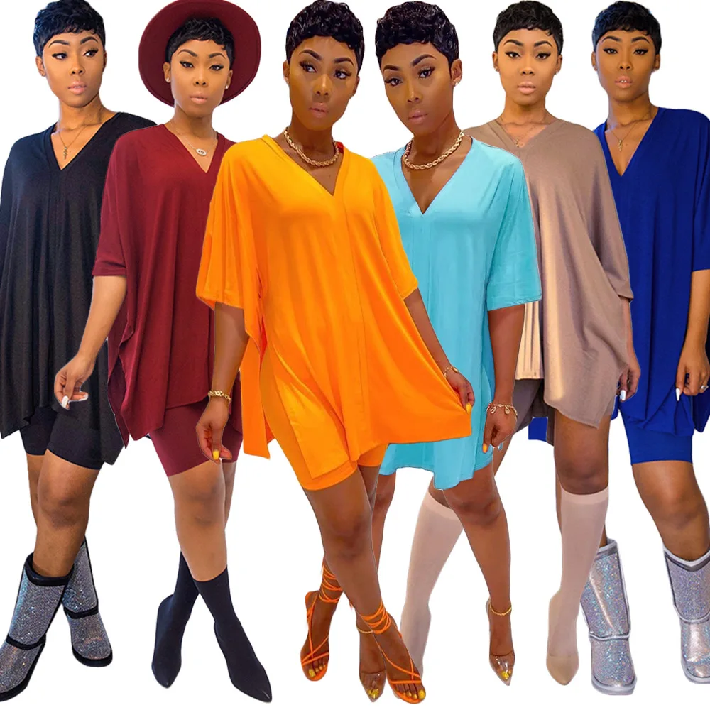 

A1238 - women summer solid shorts and loose t shirt two piece set