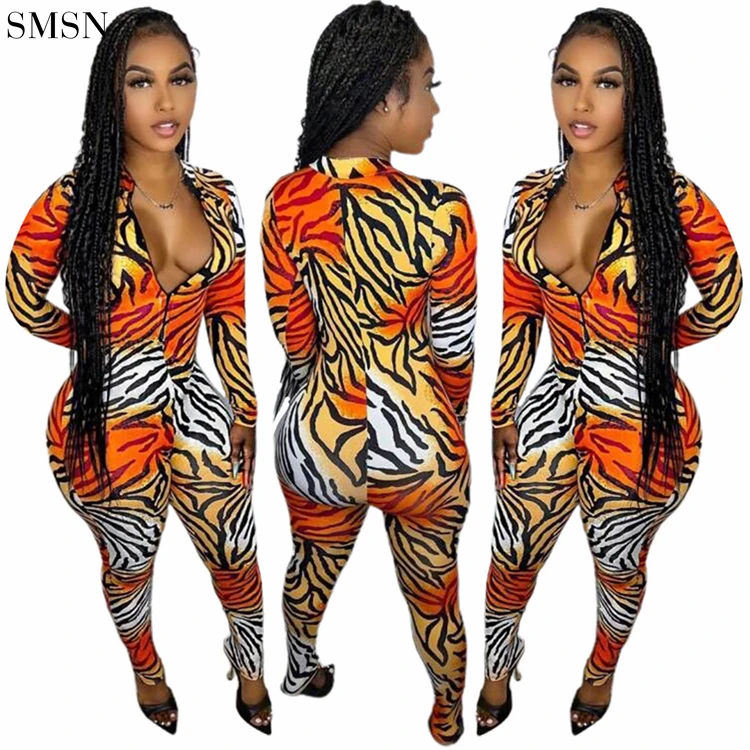 

New Arrival 2021 Fall One Piece Jumpsuit Sexy Long Sleeve Printed Tiger Print Jumpsuit