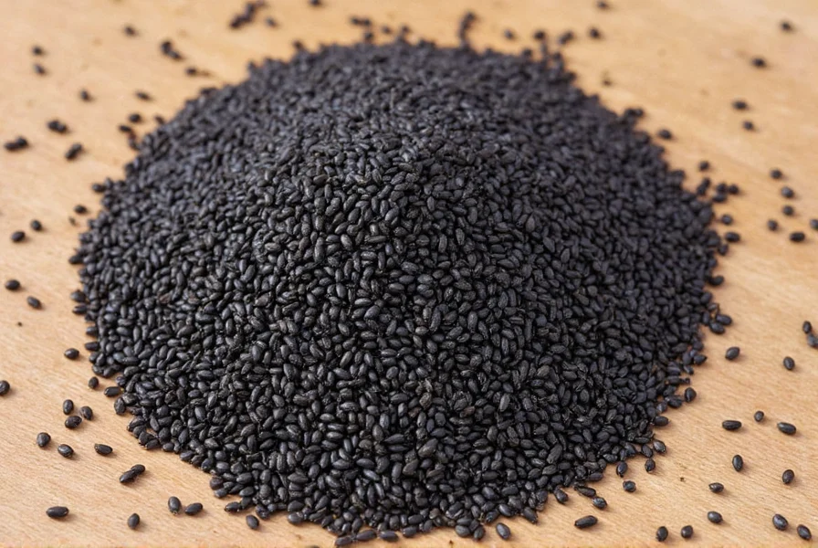 Close-up of black sesame seeds on wooden spoon