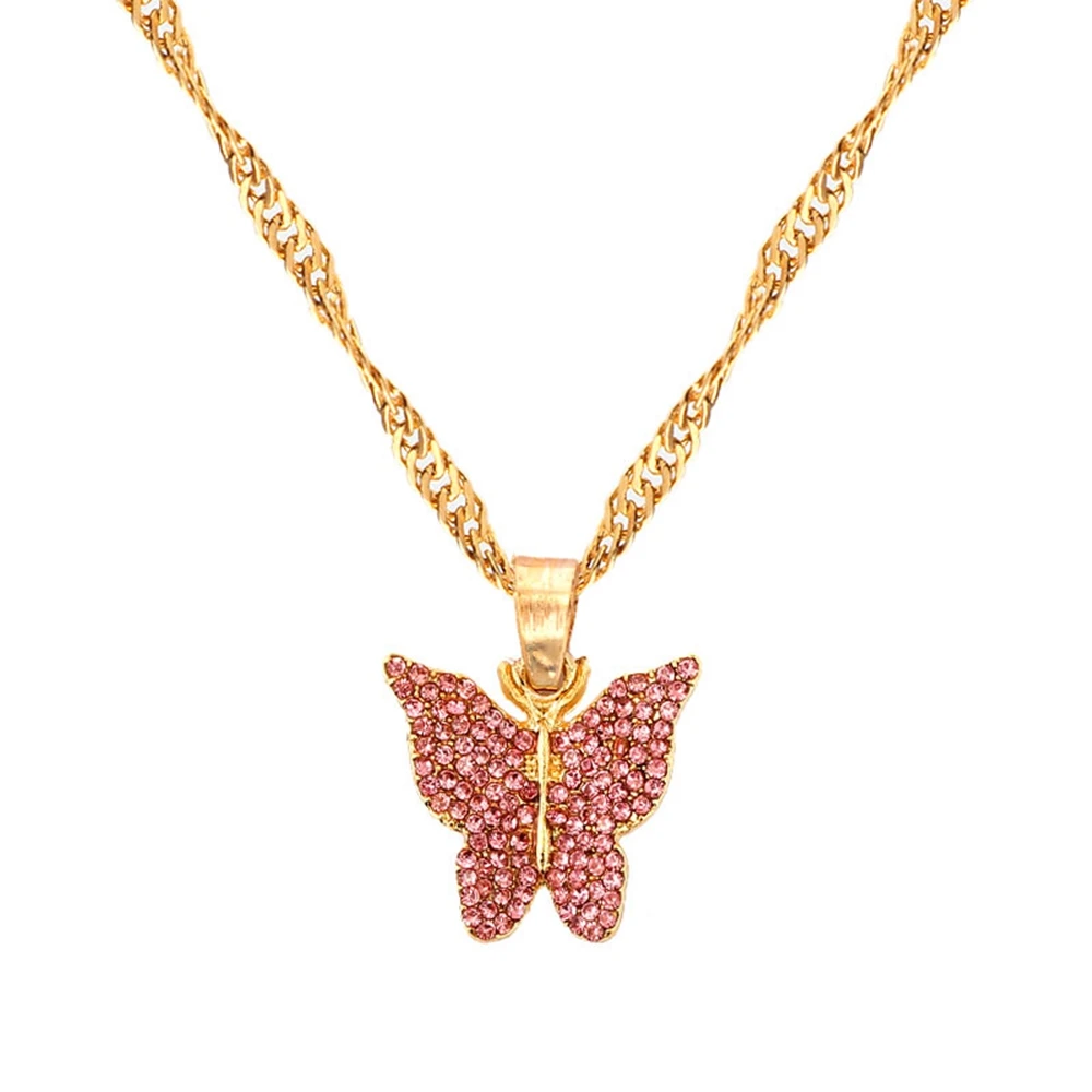 

2020 Korean Elegant Jewelry Shiny Animal Gold Color Twisted Chain Crystal Butterfly Pendant Necklace, 6 color