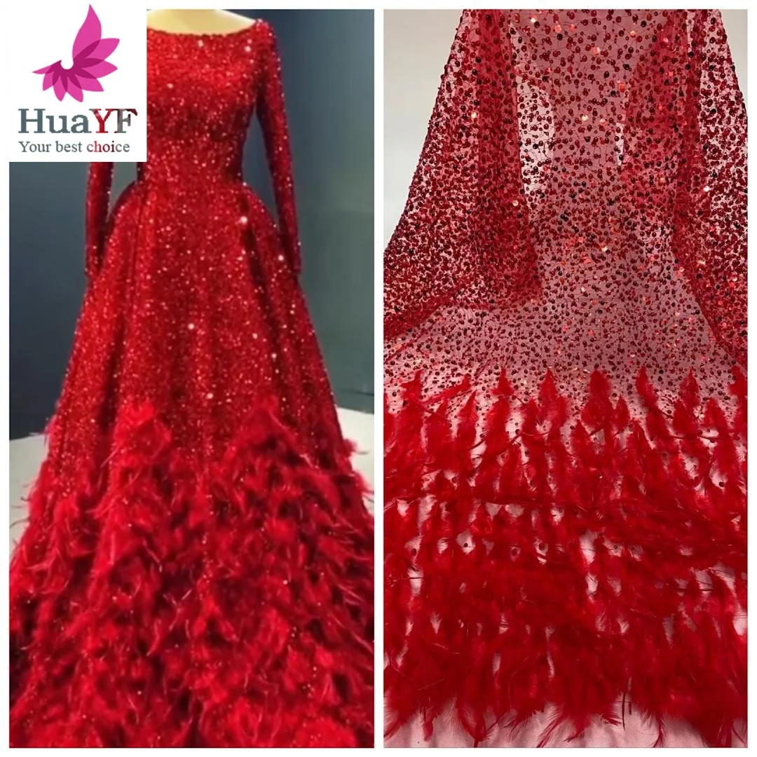 

Fashion red feather tulle lace with shiny crystal sequins net embroidery beads fabrics for collection HY1339-1, As pic show