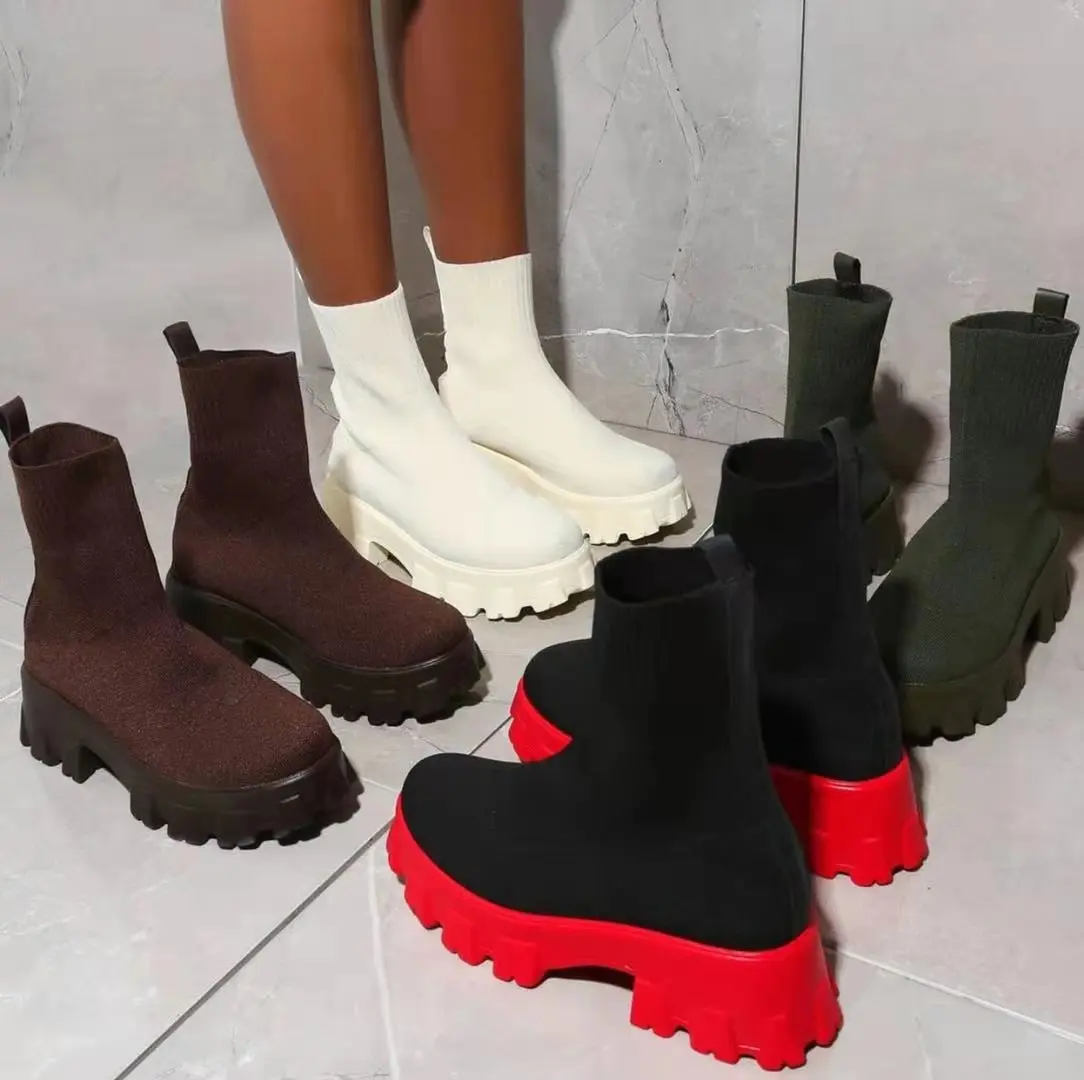 

2021 autumn and winter new knitted socks boots women's thick soled cotton boots women boots
