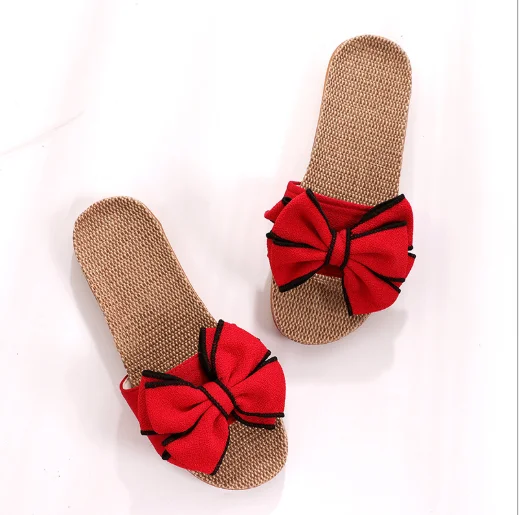 

Women's cute bowknot linen slippers non-slip breathable indoor and outdoor slides for women sandals, Red, black, beige, pink