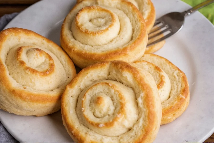 Assortment of biscuit cinnamon rolls with different toppings and variations on wooden table