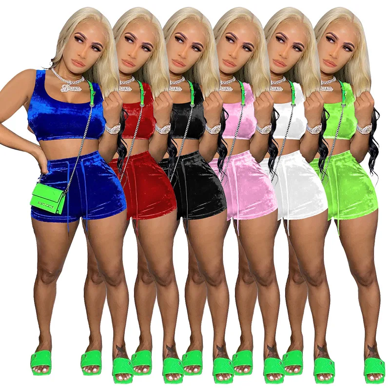 

Plus size short sets for women summer 2021 Solid color velvet vest shorts sports 2 piece outfit women