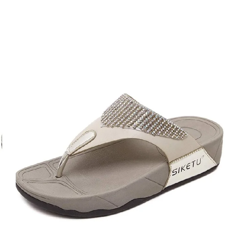 

Top Selling Ladies Leisure Beach Slippers Rhinestone Thick Wedge Women Flip-flops