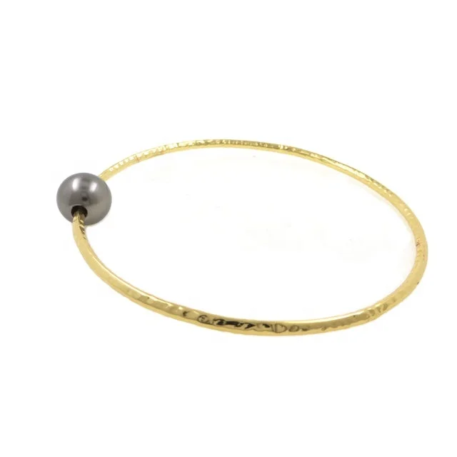 

H550-5P gold hawaiian bangle bracelet traditional heirloom plumeria wave bracelet dark grey pearl, Hemilton gold/silver