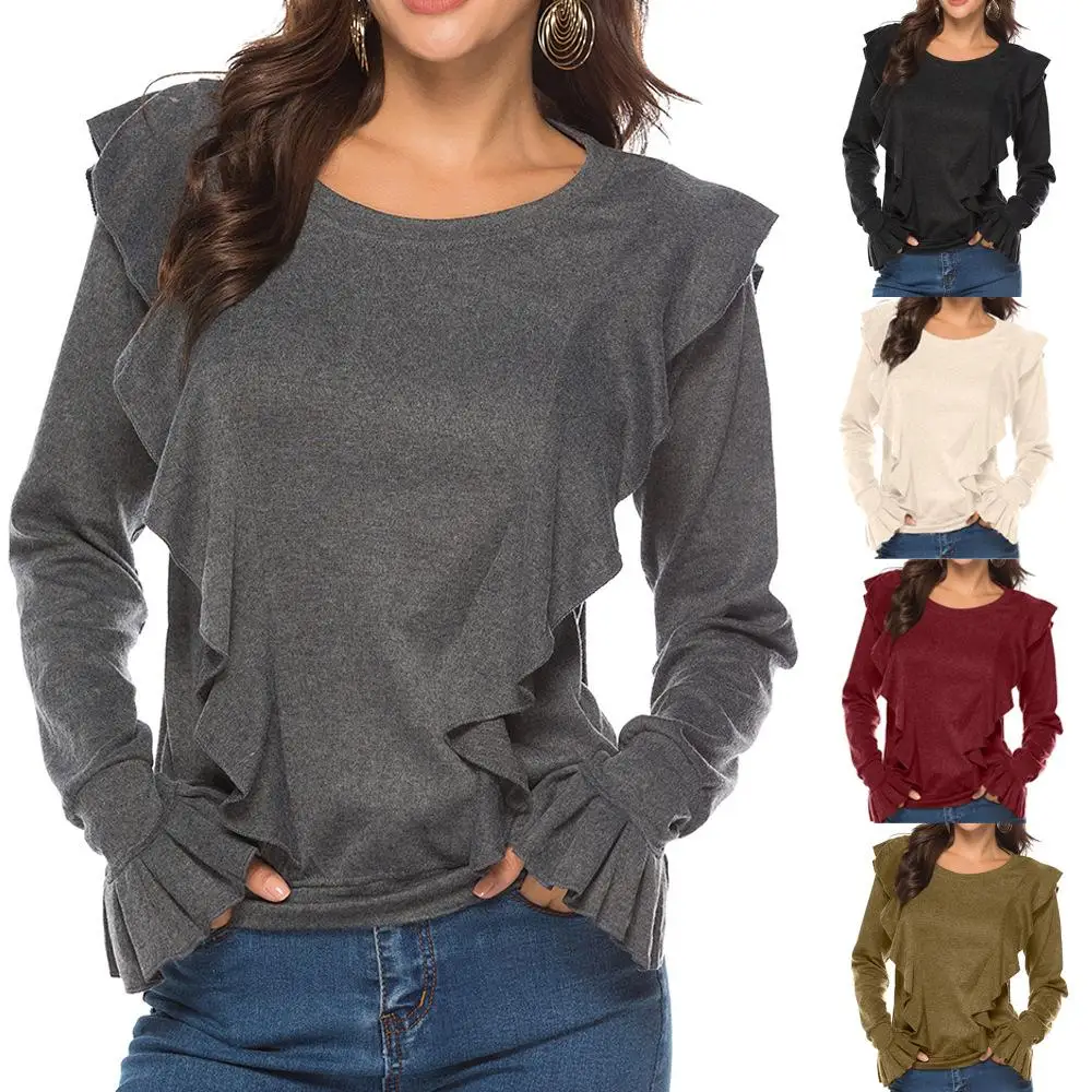 

Solid All-match Ruffles Long Sleeve Slim T-shirts Women Tops, Pictures show