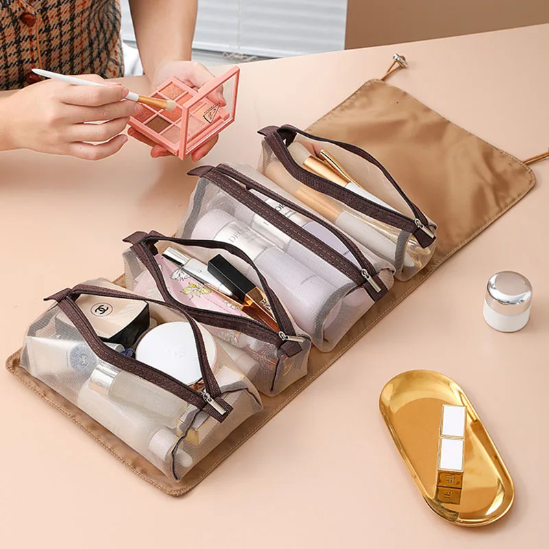 

New design fashion detachable make up bags custom logo mesh zipper travel waterproof cosmetic makeup bags
