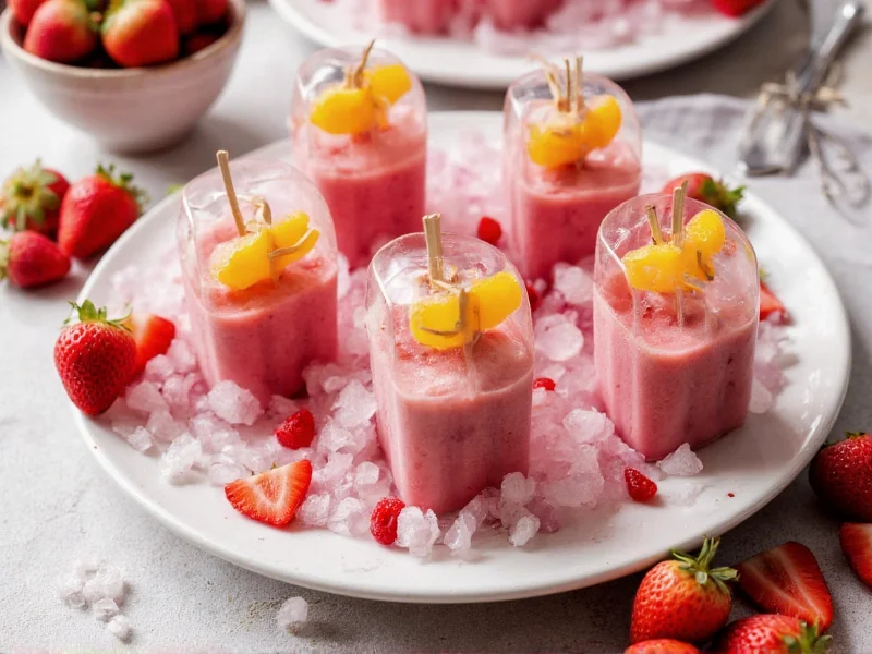 Homemade popsicles arranged on serving platter with fresh fruit garnish
