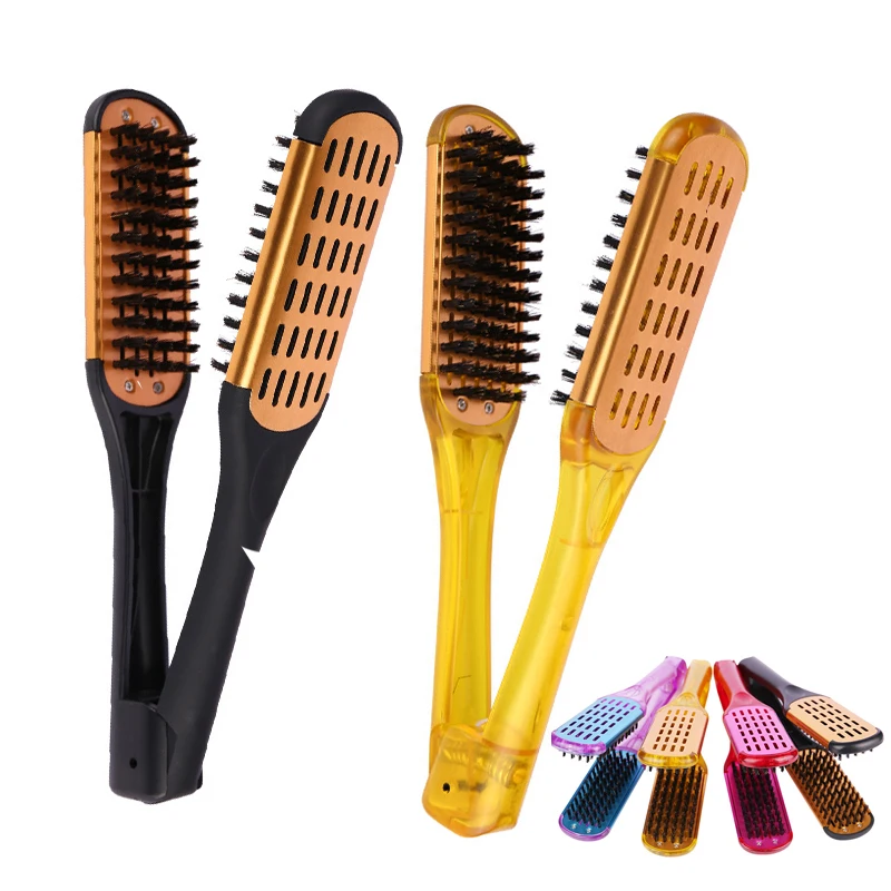 

Professional Salon Gold Colorful V Shape Splint Comb Bristle Hair Straightening Comb Double Sided Brush For Hair Styling Tools