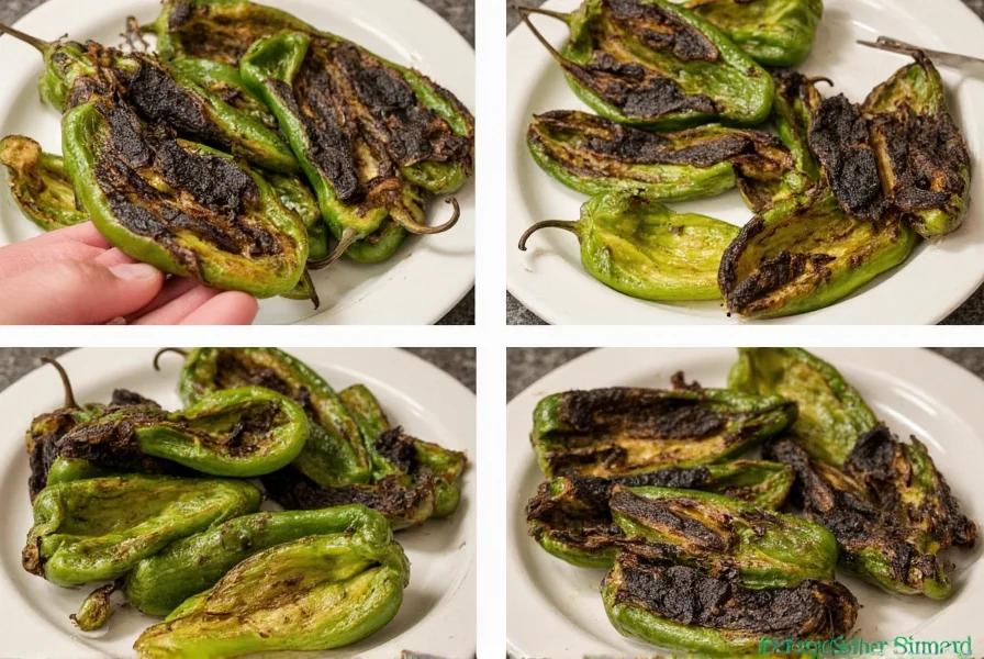 Step-by-step process of roasting poblano peppers over gas flame, showing blistered skin ready for peeling