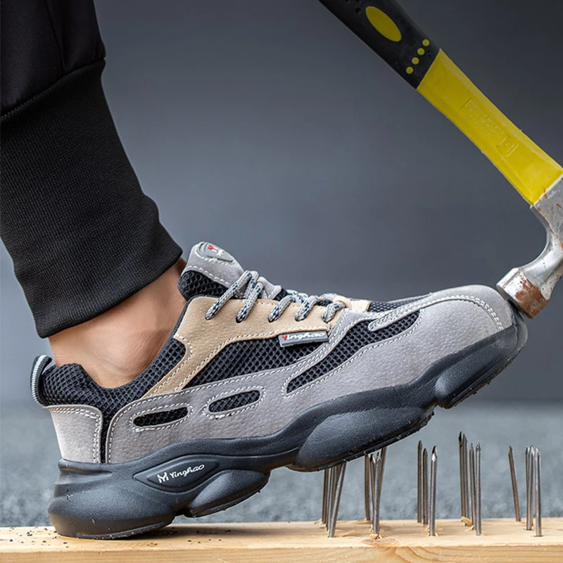 

Lightweight Steel Toe Men Safety Shoes Women Work Outdoor Breathable Shoes Plus Size 36-46, Grey black