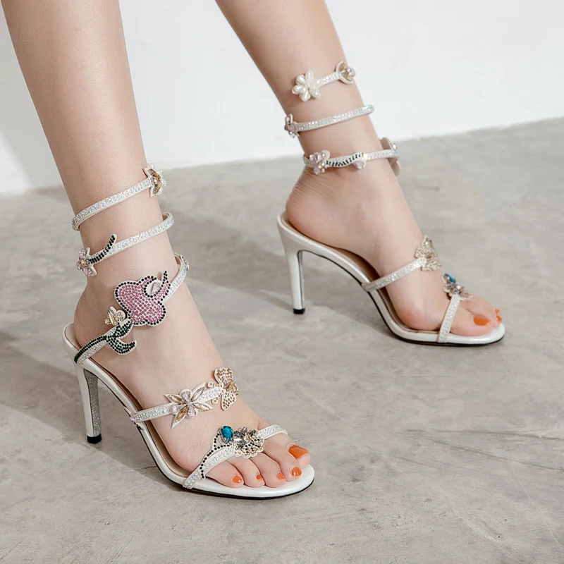 

Fashion high heels sandals factory wholesale price diamond flower jewelry high quality leather 9 cm heels for women sandals