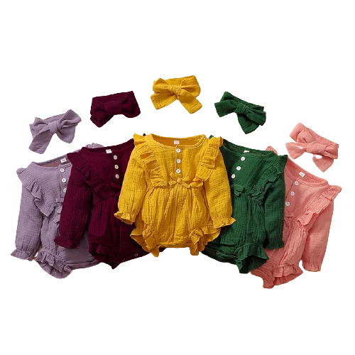 

2021 Spring Autumn new long sleeved solid color headband button bow Clothing jumpsuit boys girls baby rompers for hot selling, As pic shows, we can according to your request also