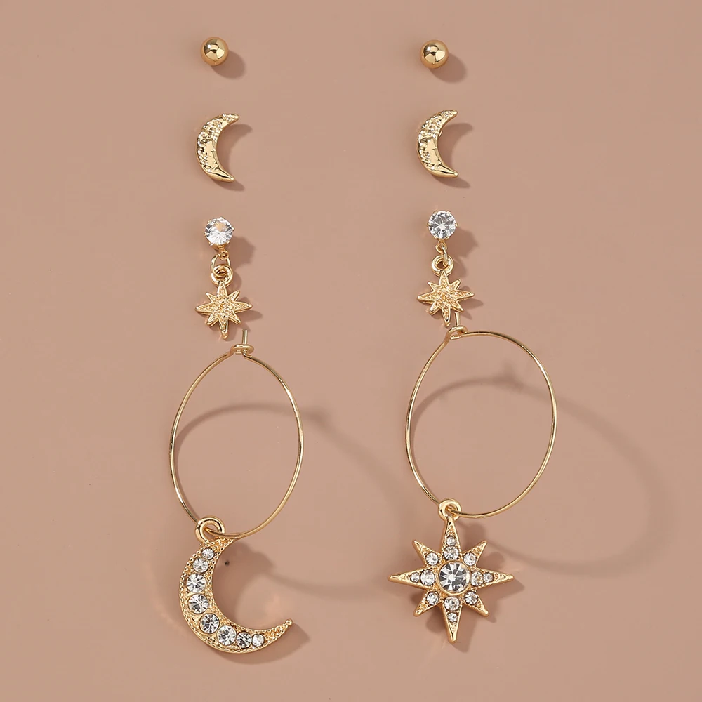 

Boho Rhinestone Small Stud Earrings Set Drop Diamond's Earring 18K Gold Plated Huggie Hoop Star Moon Earrings Women Jewelry