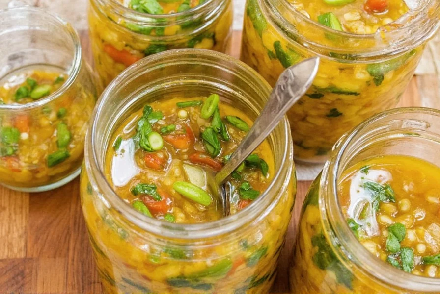 Jars of freshly canned pepper relish on a kitchen counter