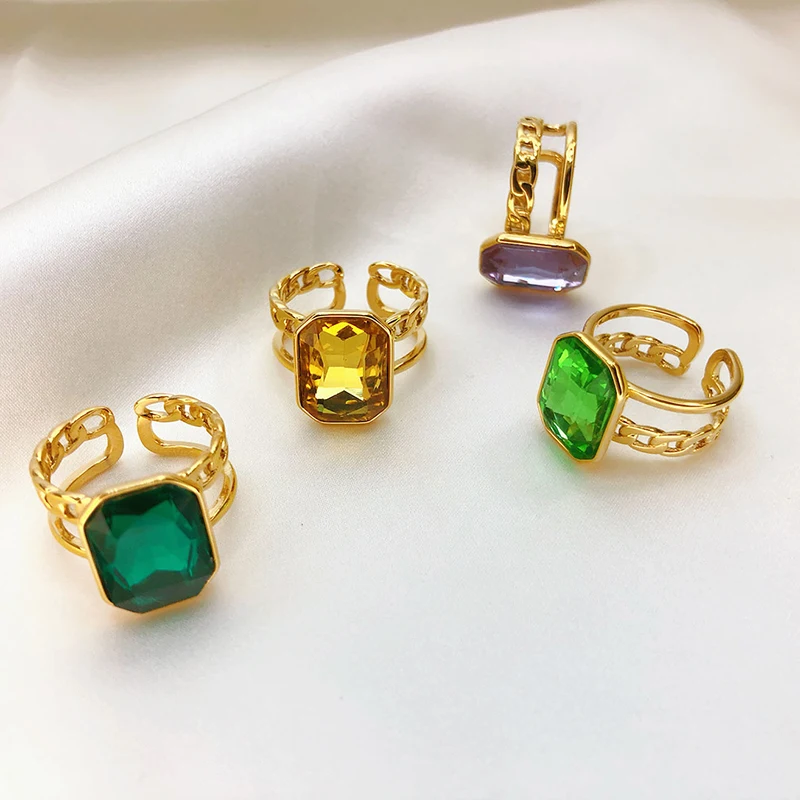 

Luxury finger ring jewelry 18k gold plated adjustable square gemstone ring