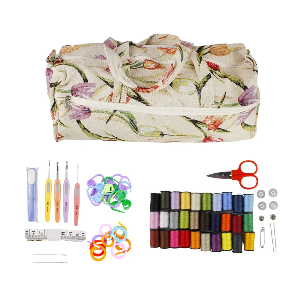 

New Wholesale Customized 72pcs Jacquard Weave Yarn Storage Bag Sewing Kit for knitting & crochet with plastic storage box set, Picture shows