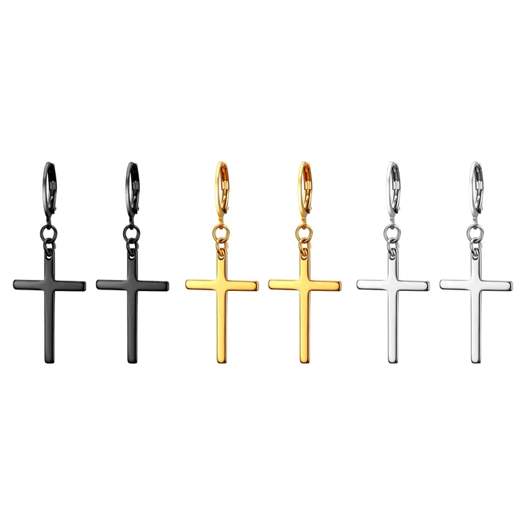

Last Design Unisex Cross Hoop Earrings Stainless Steel Hoop Dangle Drop Cross Earrings for Men Women Silver Gold Black, Silver,black,gold