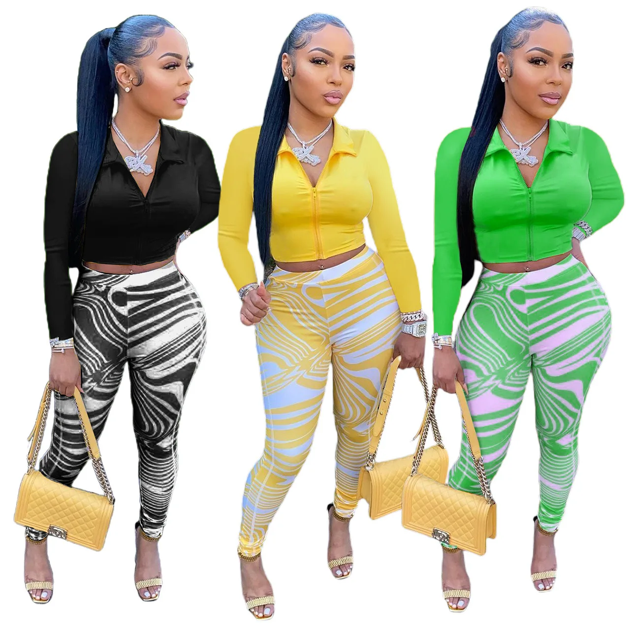 

2022 High quality women clothes Casual 2 Piece Pants Set Solid Zipper Crop Top With Print Legging Suit with women, Picture color